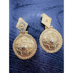 Large statement gold tone round clip on R J Graziano 3" earrings signed